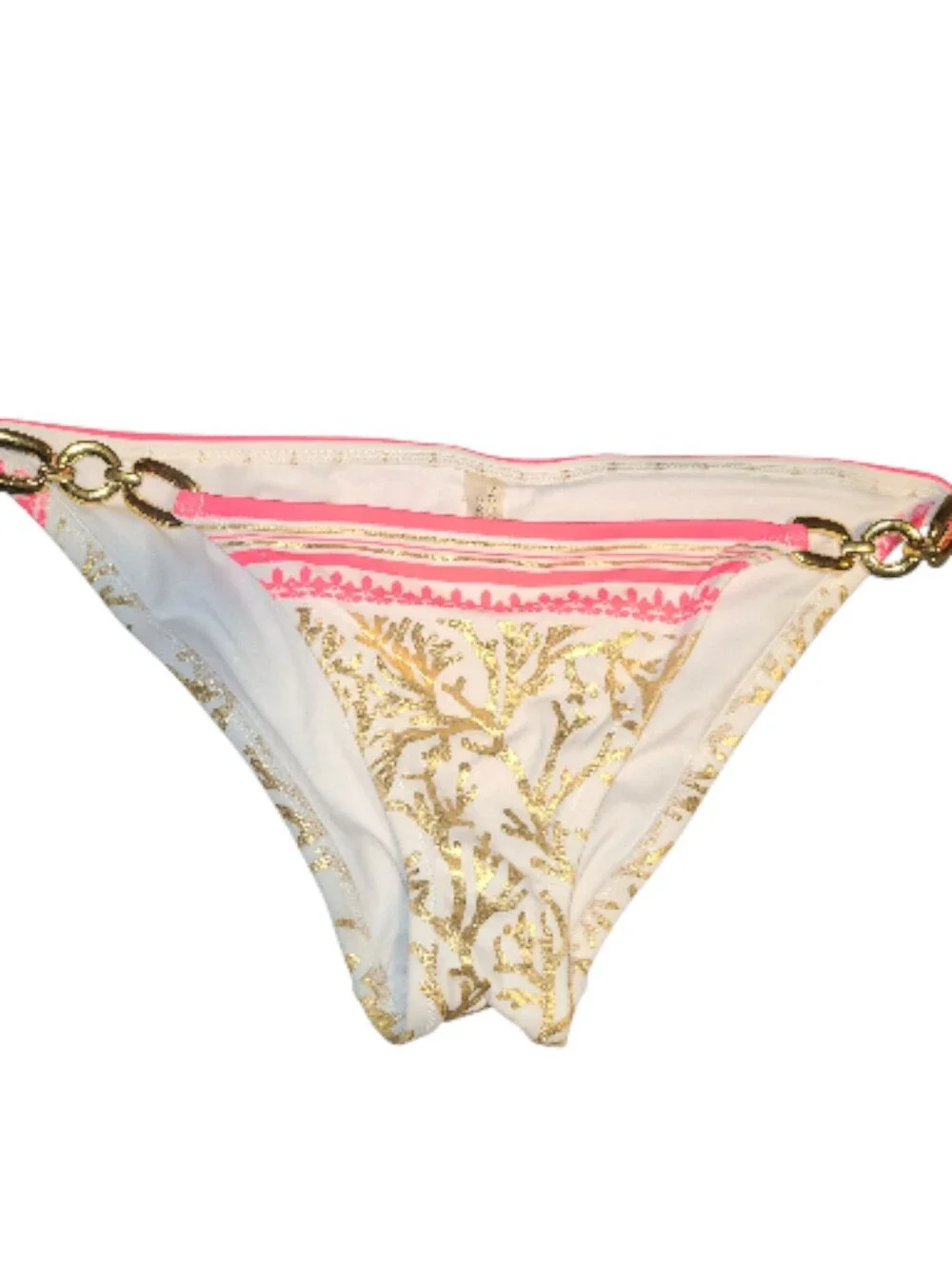 Victoria's Secret White Bikini Bottom with Pink Trim & Gold Chain Links SIZE M